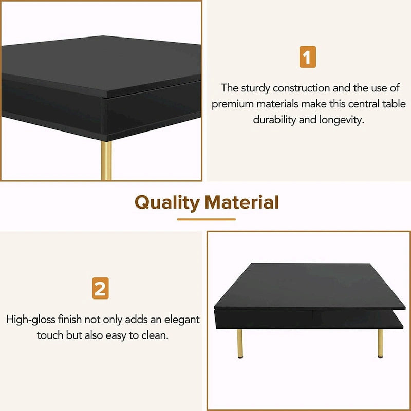 Hochglanz-Couchtisch: 4 goldene Beine, 2 Schubladen, 2-stöckiges quadratisches Design