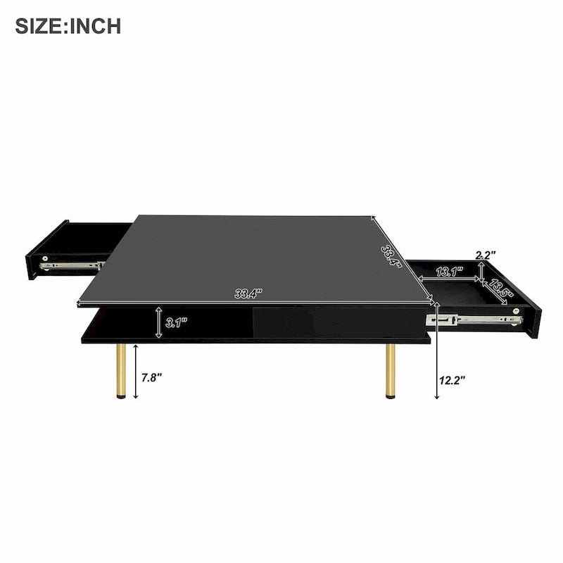 Hochglanz-Couchtisch: 4 goldene Beine, 2 Schubladen, 2-stöckiges quadratisches Design