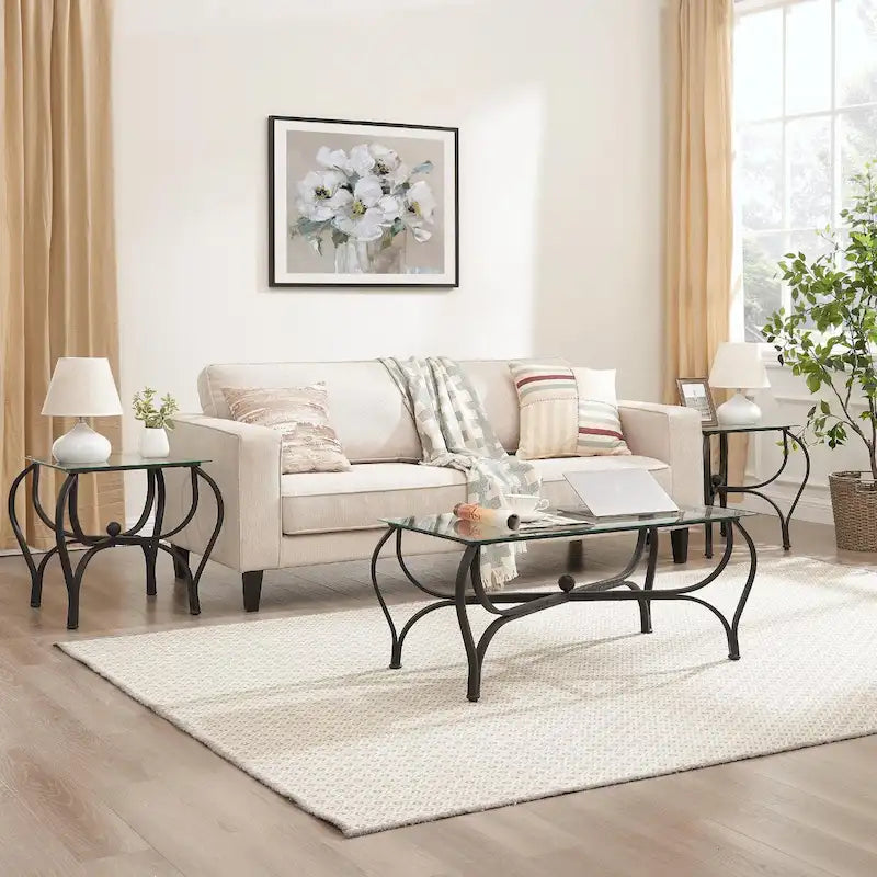3-teiliges Couchtisch-Set aus gehärtetem Glas – rechteckiger Couchtisch mit 2 quadratischen Beistelltischen