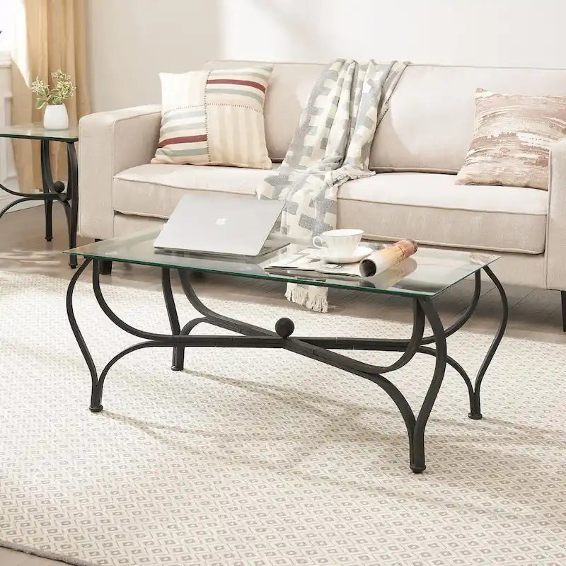 3-teiliges Couchtisch-Set aus gehärtetem Glas – rechteckiger Couchtisch mit 2 quadratischen Beistelltischen