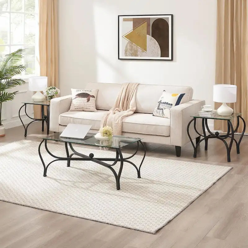 3-teiliges Couchtisch-Set aus gehärtetem Glas – rechteckiger Couchtisch mit 2 quadratischen Beistelltischen