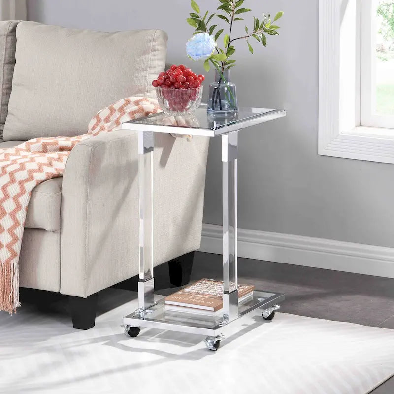 C-förmiger quadratischer Acryl-Beistelltisch Sofatisch mit Glasplatte und Metallfuß