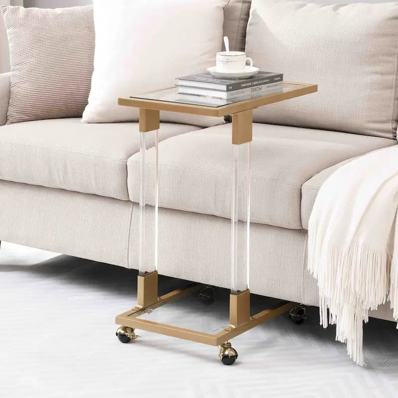 C-förmiger quadratischer Acryl-Beistelltisch Sofatisch mit Glasplatte und Metallfuß