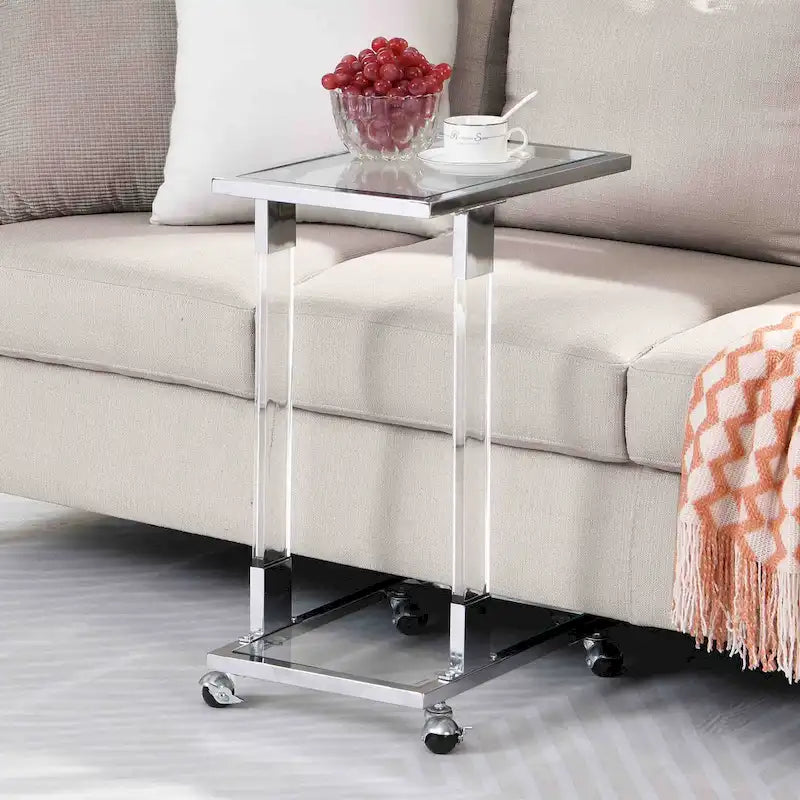 C-förmiger quadratischer Acryl-Beistelltisch Sofatisch mit Glasplatte und Metallfuß