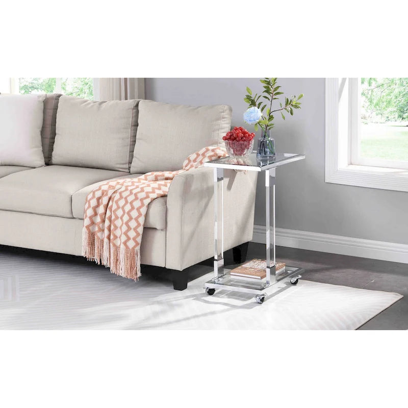 C-förmiger quadratischer Acryl-Beistelltisch Sofatisch mit Glasplatte und Metallfuß