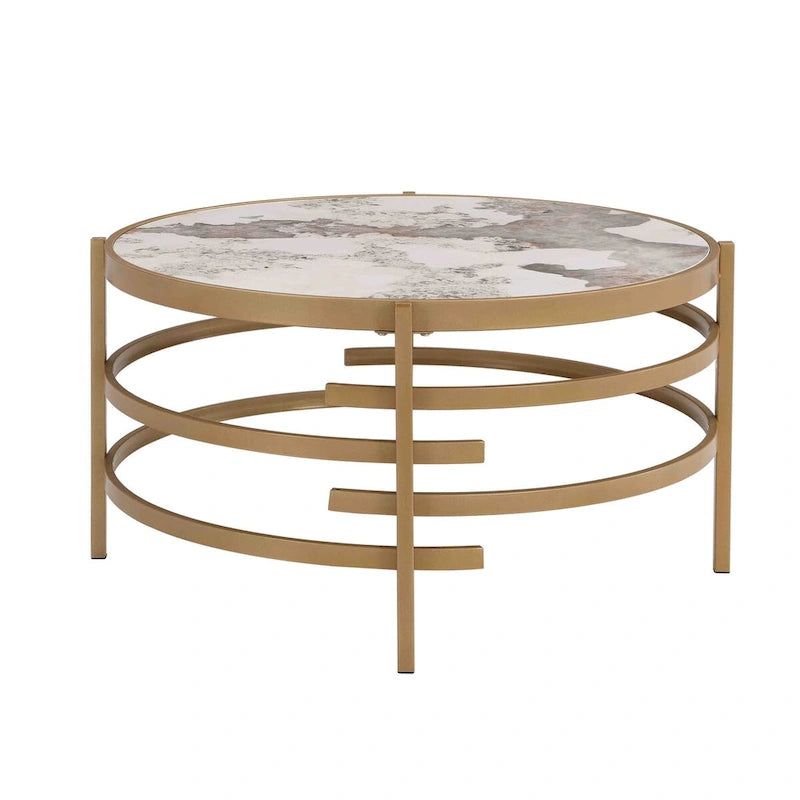 32.48 Runder Couchtisch mit gesinterter Steinplatte und robustem Metallgestell, moderner Couchtisch für das Wohnzimmer