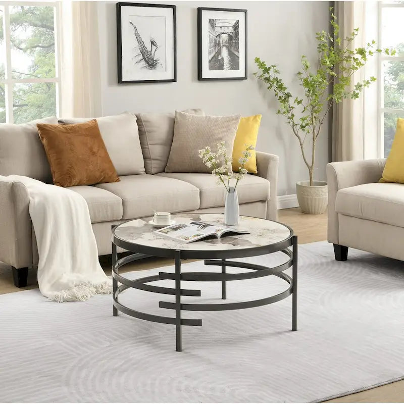 32.48 Runder Couchtisch mit gesinterter Steinplatte und robustem Metallgestell, moderner Couchtisch für das Wohnzimmer