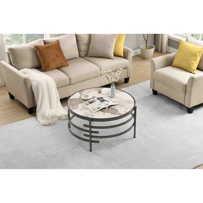 32.48 Runder Couchtisch mit gesinterter Steinplatte und robustem Metallgestell, moderner Couchtisch für das Wohnzimmer
