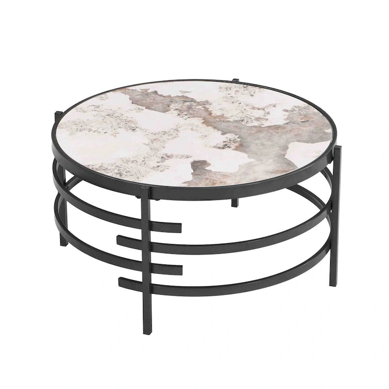 32.48 Runder Couchtisch mit gesinterter Steinplatte und robustem Metallgestell, moderner Couchtisch für das Wohnzimmer