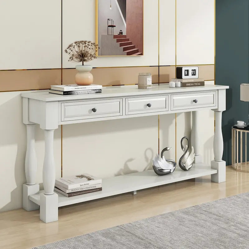 63 Zoll Konsolentisch, langer Sofatisch mit Schubladen und Ablage, französischer Landhausstil Beistelltisch