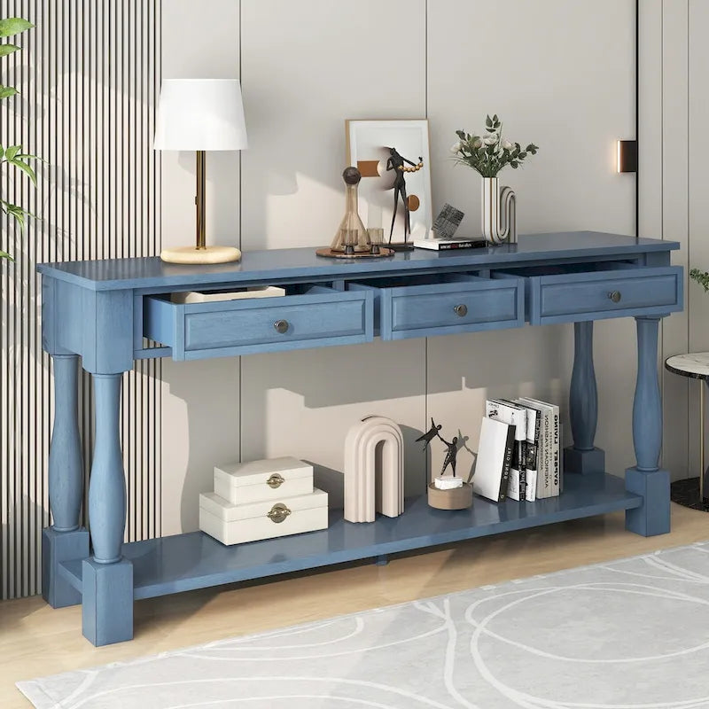 63 Zoll Konsolentisch, langer Sofatisch mit Schubladen und Ablage, französischer Landhausstil Beistelltisch