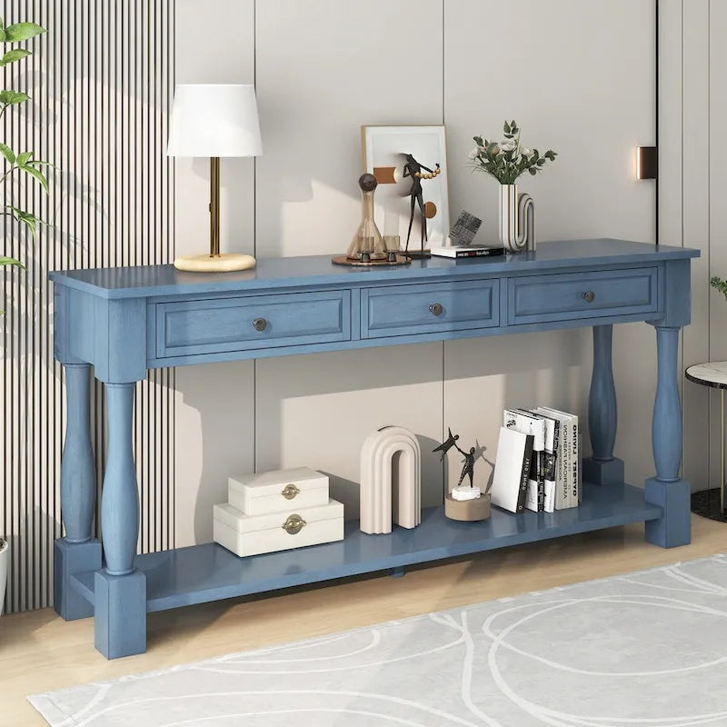 63 Zoll Konsolentisch, langer Sofatisch mit Schubladen und Ablage, französischer Landhausstil Beistelltisch