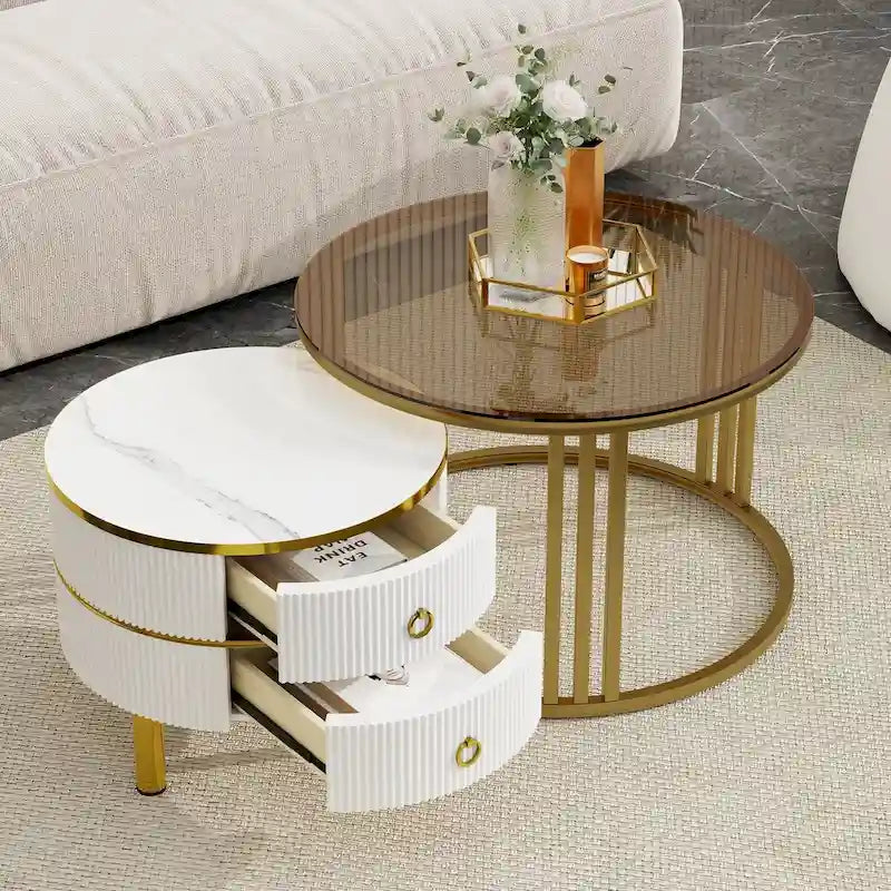 Stapelbarer runder Couchtisch mit 2 Schubladen, moderne Beistelltische im Set