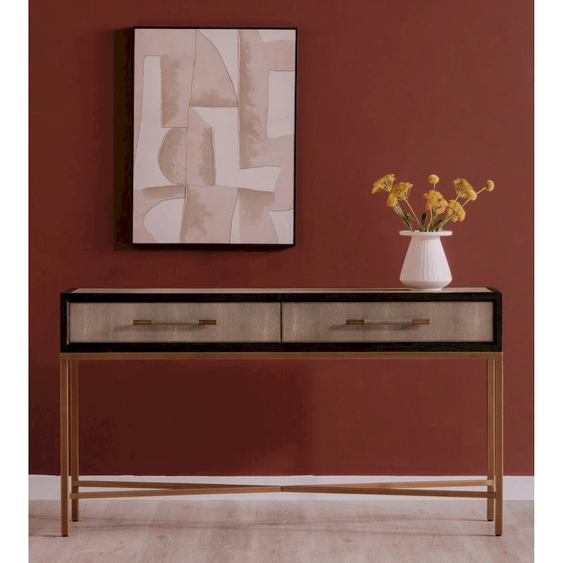 Macari Miki Art Deco Konsolentisch aus Massivholz und veganem Leder (Rochenhaut-Optik) mit Messing-Akzenten – 150 cm B x 40,6 cm T x 82 cm H