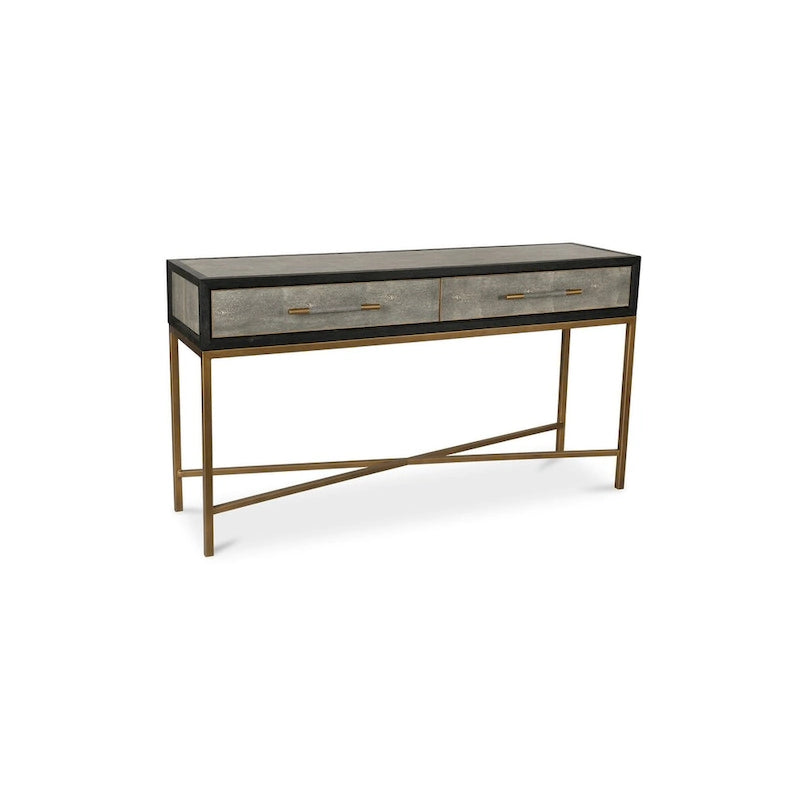 Macari Miki Art Deco Konsolentisch aus Massivholz und veganem Leder (Rochenhaut-Optik) mit Messing-Akzenten – 150 cm B x 40,6 cm T x 82 cm H
