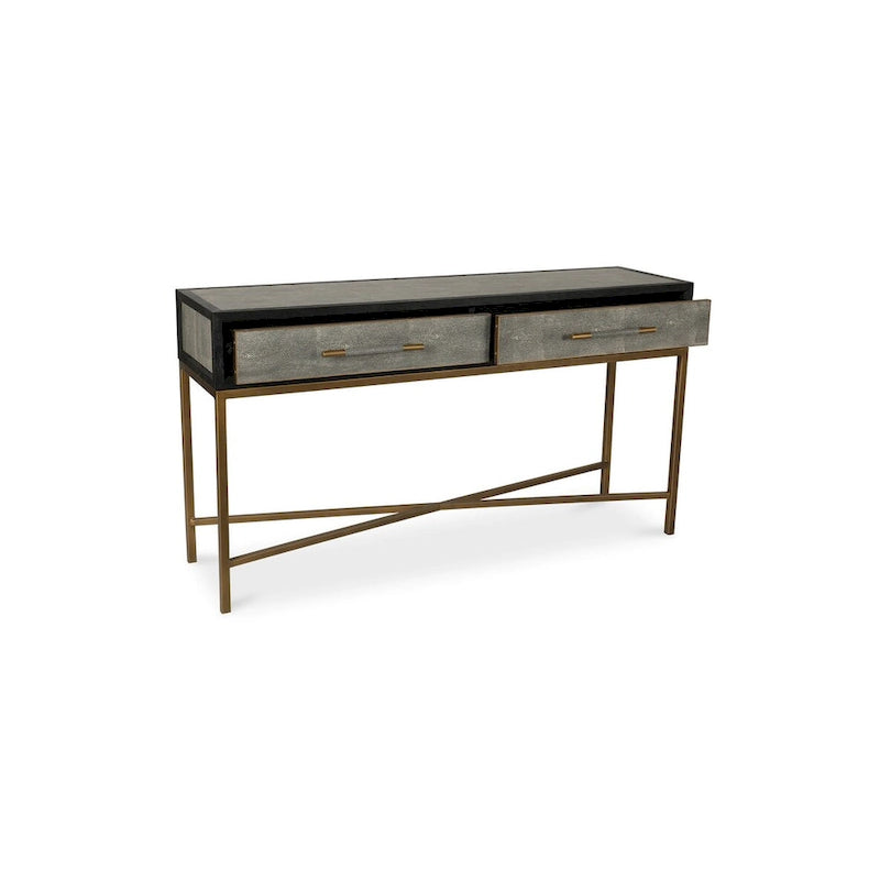 Macari Miki Art Deco Konsolentisch aus Massivholz und veganem Leder (Rochenhaut-Optik) mit Messing-Akzenten – 150 cm B x 40,6 cm T x 82 cm H