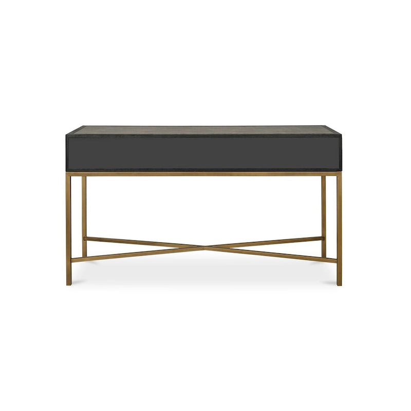 Macari Miki Art Deco Konsolentisch aus Massivholz und veganem Leder (Rochenhaut-Optik) mit Messing-Akzenten – 150 cm B x 40,6 cm T x 82 cm H