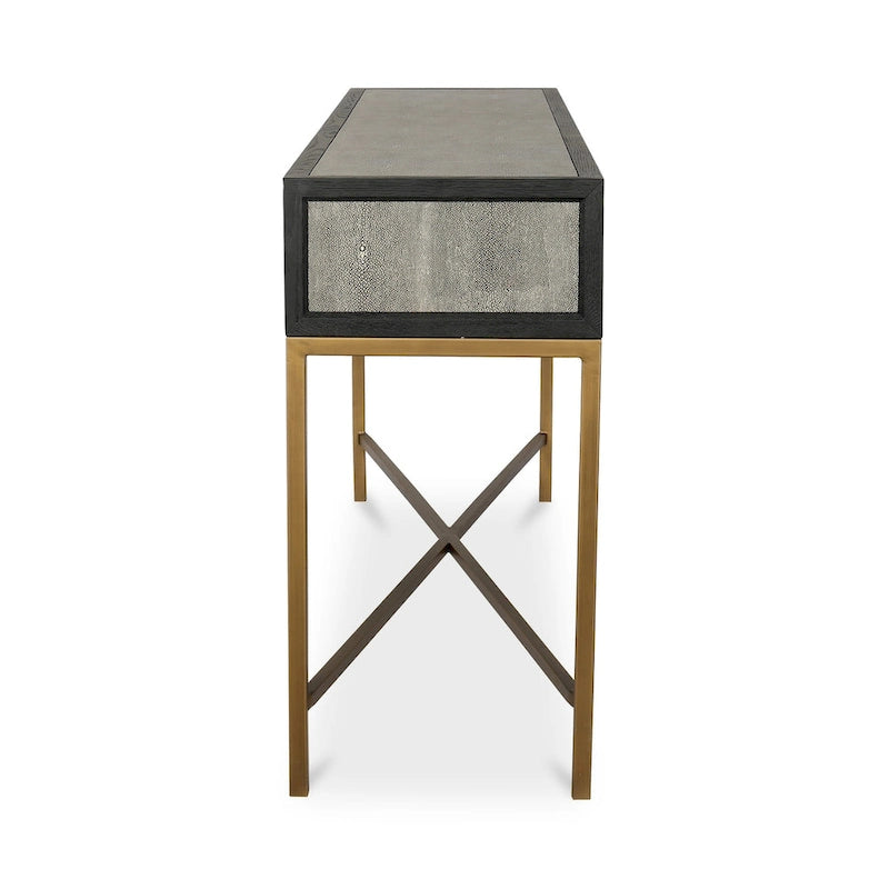 Macari Miki Art Deco Konsolentisch aus Massivholz und veganem Leder (Rochenhaut-Optik) mit Messing-Akzenten – 150 cm B x 40,6 cm T x 82 cm H