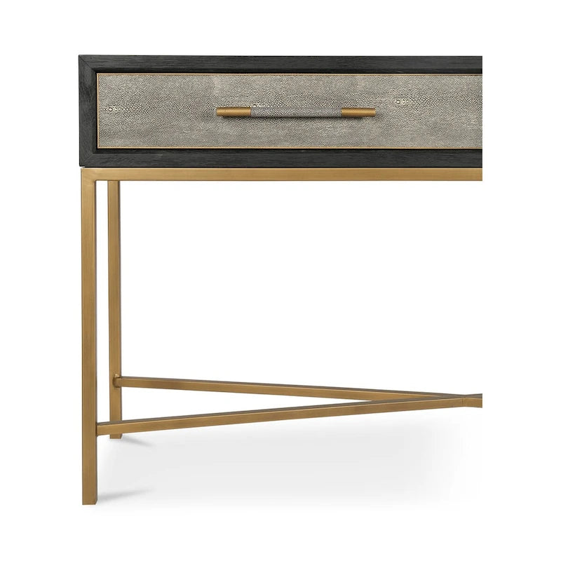 Macari Miki Art Deco Konsolentisch aus Massivholz und veganem Leder (Rochenhaut-Optik) mit Messing-Akzenten – 150 cm B x 40,6 cm T x 82 cm H