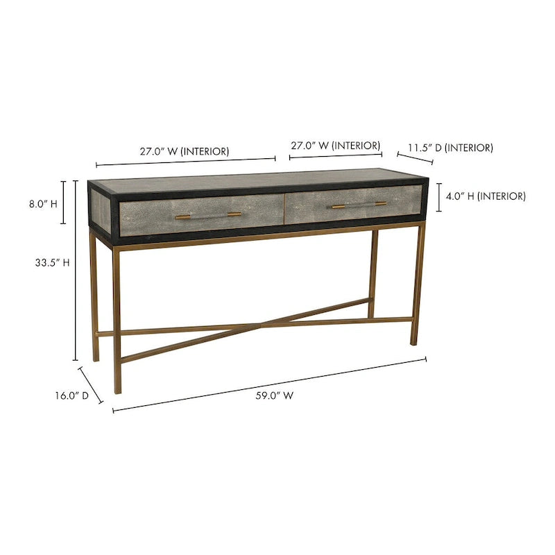 Macari Miki Art Deco Konsolentisch aus Massivholz und veganem Leder (Rochenhaut-Optik) mit Messing-Akzenten – 150 cm B x 40,6 cm T x 82 cm H