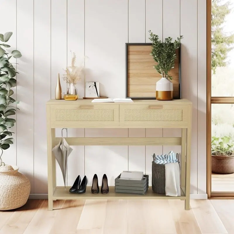 Bauernhaus-Rattan-Konsolentisch, 39 Beistelltische, schmaler Eingangstisch aus Holz im Boho-Rustikal-Stil mit Schubladen und Ablagefach