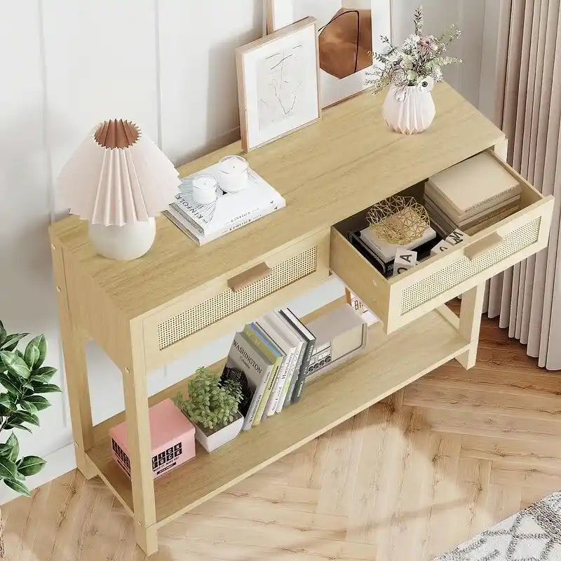Bauernhaus-Rattan-Konsolentisch, 39 Beistelltische, schmaler Eingangstisch aus Holz im Boho-Rustikal-Stil mit Schubladen und Ablagefach