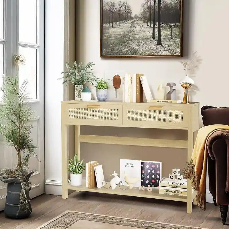Bauernhaus-Rattan-Konsolentisch, 39 Beistelltische, schmaler Eingangstisch aus Holz im Boho-Rustikal-Stil mit Schubladen und Ablagefach