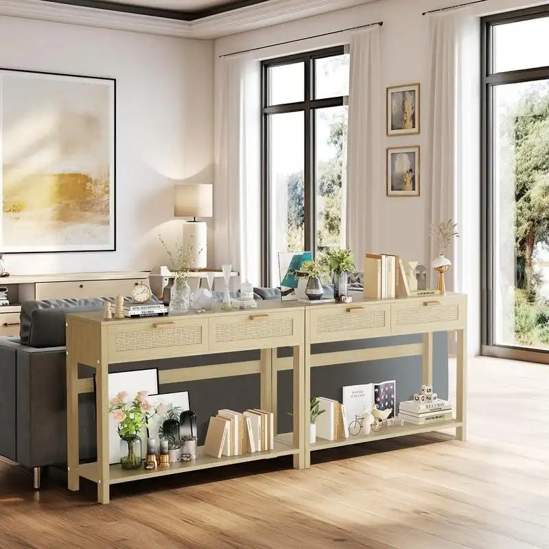Bauernhaus-Rattan-Konsolentisch, 39 Beistelltische, schmaler Eingangstisch aus Holz im Boho-Rustikal-Stil mit Schubladen und Ablagefach