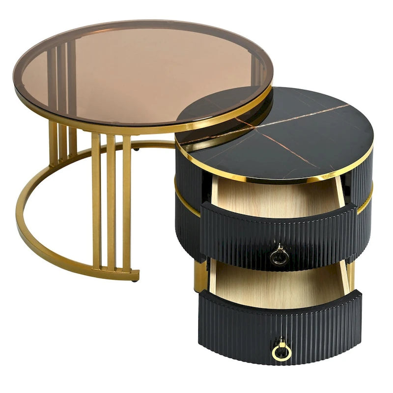 Stapelbarer runder Couchtisch mit 2 Schubladen, Satztische mit braunem Sicherheitsglas und hochglänzender Marmor-Tischplatte, 2er-Set