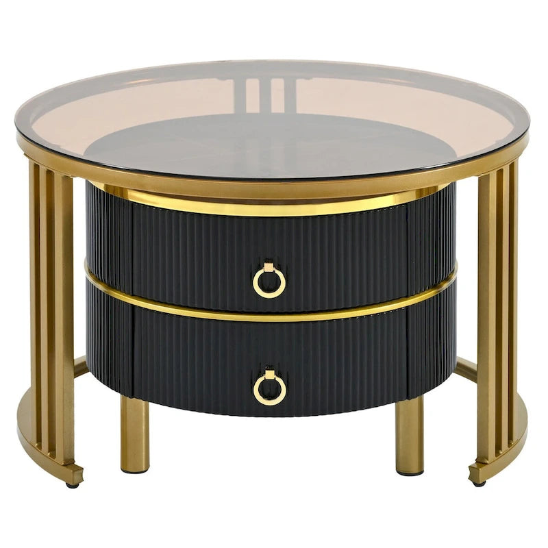 Stapelbarer runder Couchtisch mit 2 Schubladen, Satztische mit braunem Sicherheitsglas und hochglänzender Marmor-Tischplatte, 2er-Set