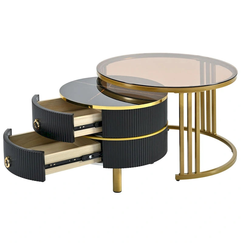 Stapelbarer runder Couchtisch mit 2 Schubladen, Satztische mit braunem Sicherheitsglas und hochglänzender Marmor-Tischplatte, 2er-Set