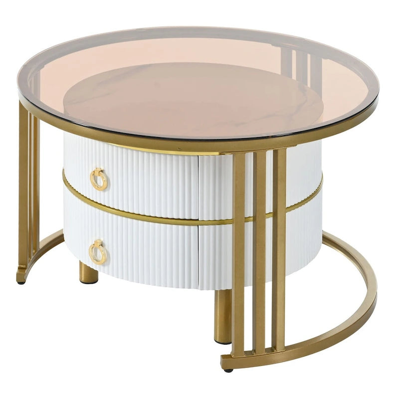 Stapelbarer runder Couchtisch mit 2 Schubladen, Satztische mit braunem Sicherheitsglas und hochglänzender Marmor-Tischplatte, 2er-Set