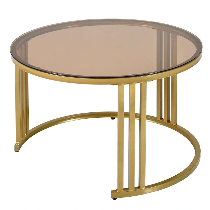 Stapelbarer runder Couchtisch mit 2 Schubladen, Satztische mit braunem Sicherheitsglas und hochglänzender Marmor-Tischplatte, 2er-Set