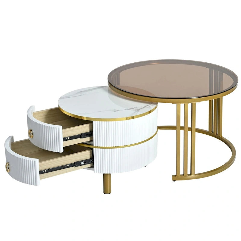 Stapelbarer runder Couchtisch mit 2 Schubladen, Satztische mit braunem Sicherheitsglas und hochglänzender Marmor-Tischplatte, 2er-Set