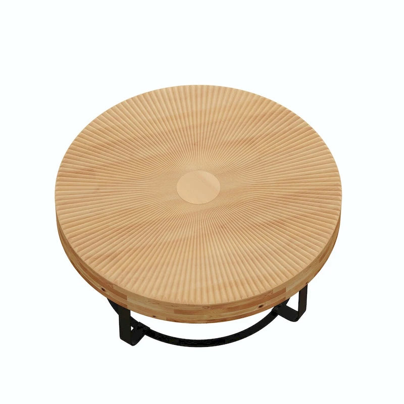 Moderner runder Couchtisch mit Holzschnitzmuster und Metallbeinen