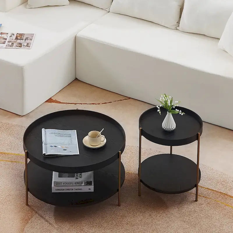 2er Set moderner, runder Beistelltische mit 2 Ebenen und Stauraum für das Wohnzimmer