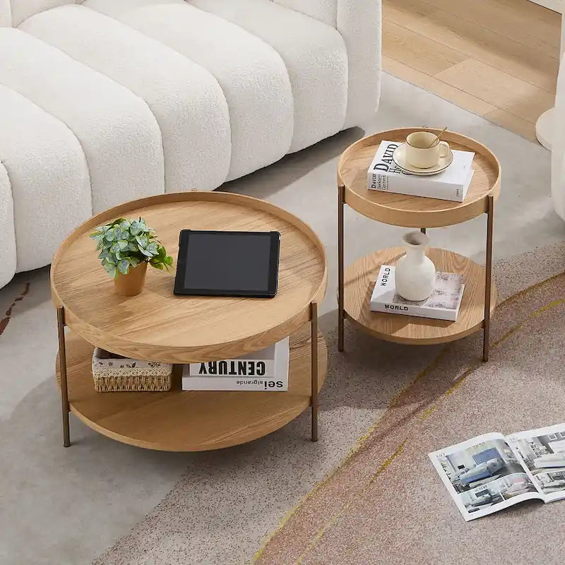 2er Set moderner, runder Beistelltische mit 2 Ebenen und Stauraum für das Wohnzimmer