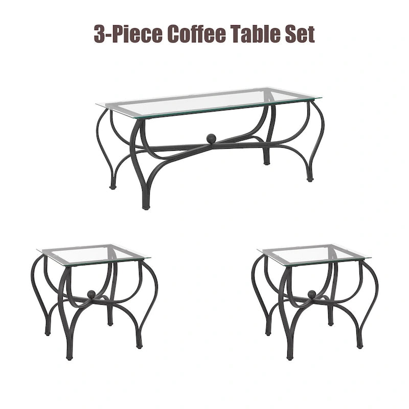 3-teiliges Couchtisch-Set mit Hartglas-Oberfläche