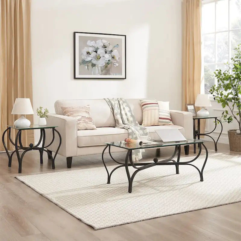 3-teiliges Couchtisch-Set mit Hartglas-Oberfläche
