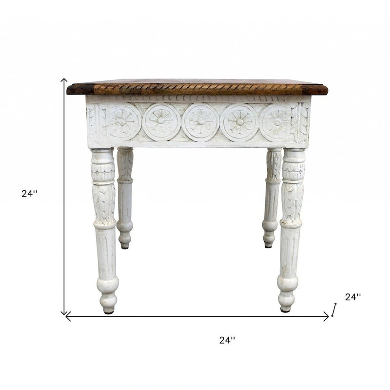 HomeRoots 24 Elfenbein- und brauner quadratischer Beistelltisch aus Massivholz – 24