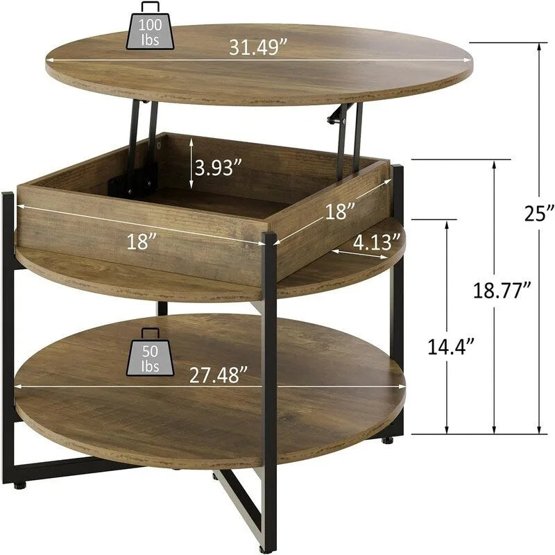 Holz Couchtisch mit hochklappbarer Platte, rund – 80D x 80B x 44H