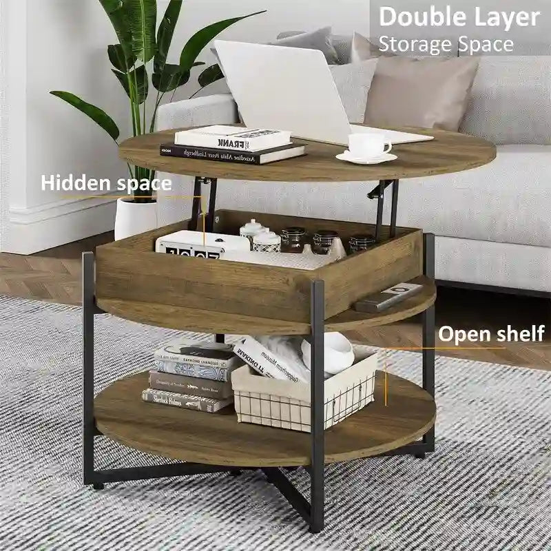 Holz Couchtisch mit hochklappbarer Platte, rund – 80D x 80B x 44H