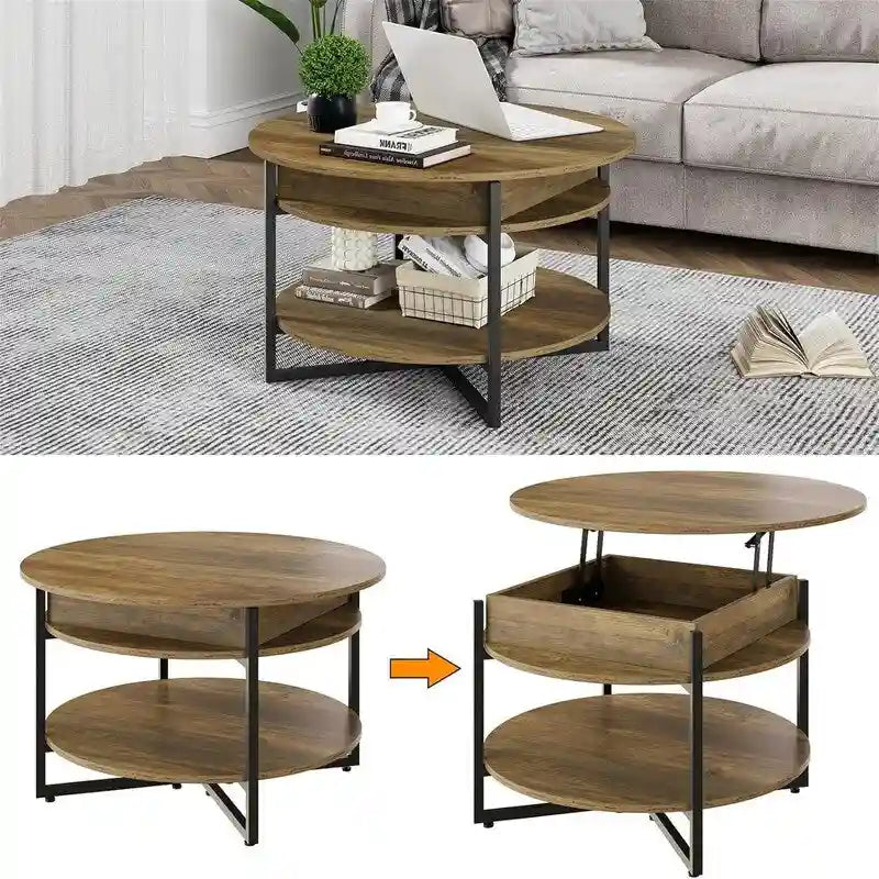 Holz Couchtisch mit hochklappbarer Platte, rund – 80D x 80B x 44H