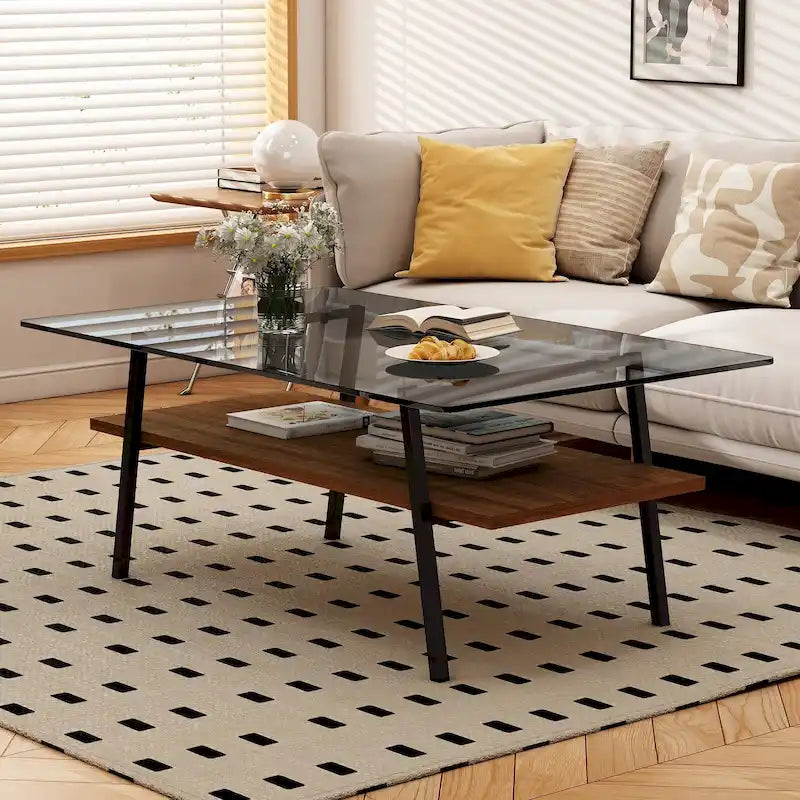 Rechteckiger Couchtisch, Tischplatte aus gehärtetem Glas mit Metallbeinen, Moderner Tisch für Wohnzimmer, Glas