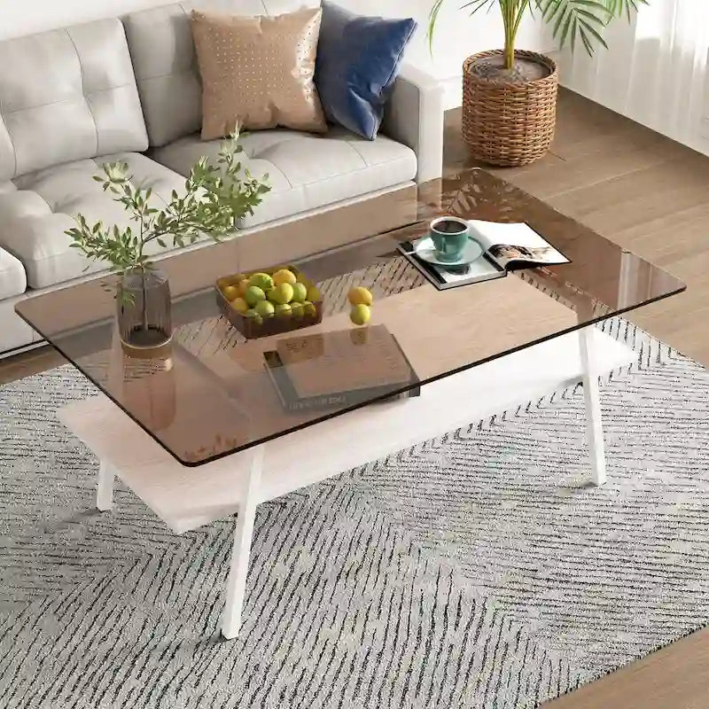 Rechteckiger Couchtisch, Tischplatte aus gehärtetem Glas mit Metallbeinen, Moderner Tisch für Wohnzimmer, Glas