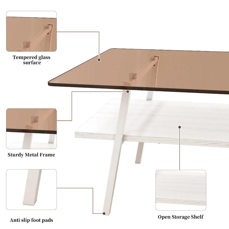 Rechteckiger Couchtisch, Tischplatte aus gehärtetem Glas mit Metallbeinen, Moderner Tisch für Wohnzimmer, Glas