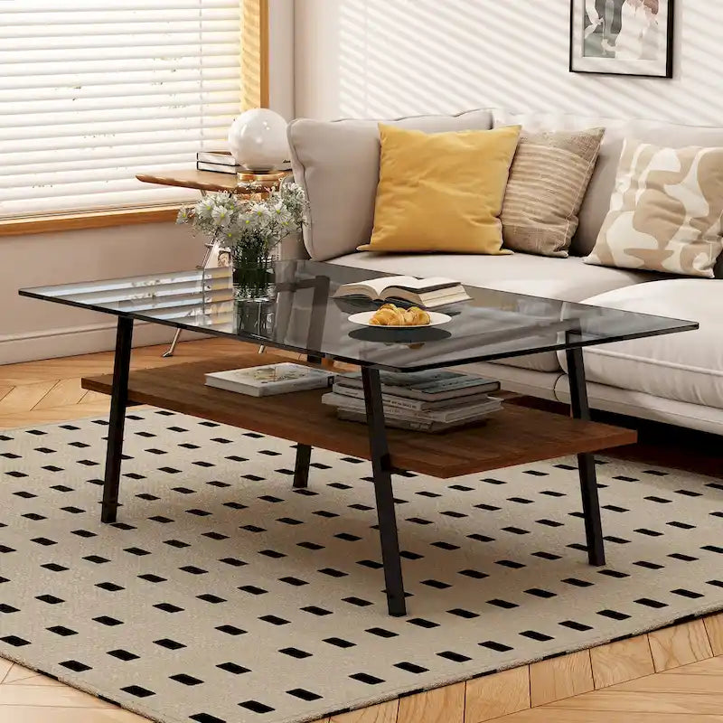 Rechteckiger Couchtisch, Tischplatte aus gehärtetem Glas mit Metallbeinen, Moderner Tisch für Wohnzimmer, Glas