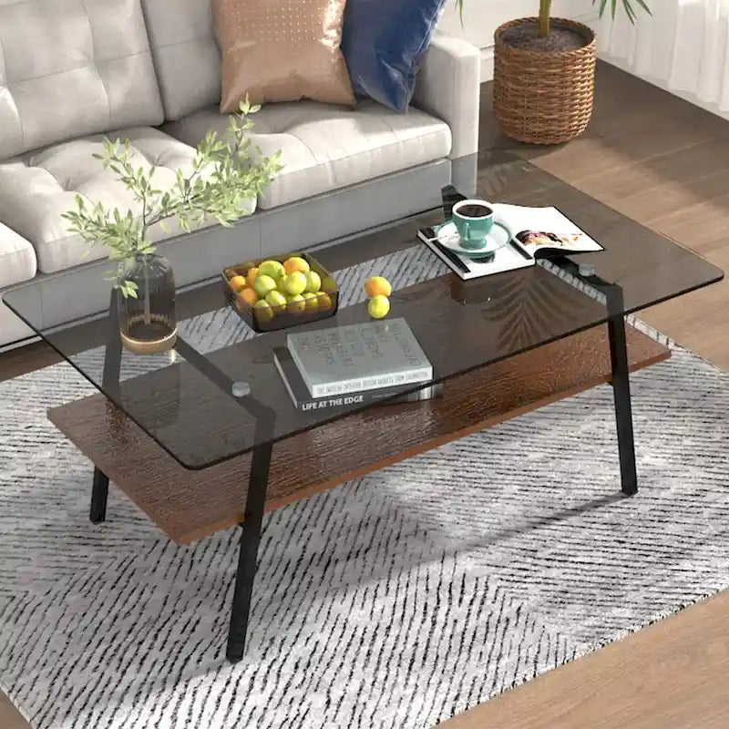 Rechteckiger Couchtisch, Tischplatte aus gehärtetem Glas mit Metallbeinen, Moderner Tisch für Wohnzimmer, Glas