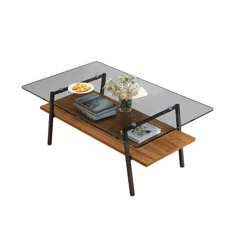 Rechteckiger Couchtisch, Tischplatte aus gehärtetem Glas mit Metallbeinen, Moderner Tisch für Wohnzimmer, Glas