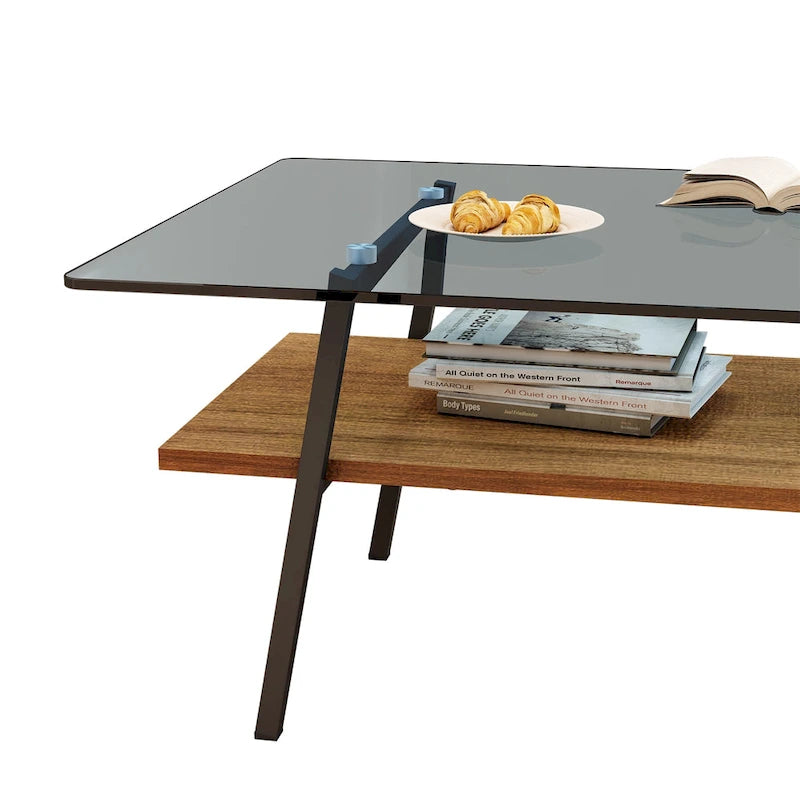 Rechteckiger Couchtisch, Tischplatte aus gehärtetem Glas mit Metallbeinen, Moderner Tisch für Wohnzimmer, Glas